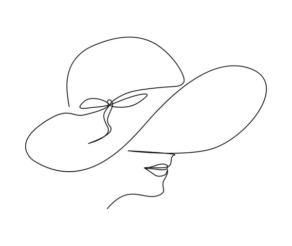 连续一行画的漂亮女人戴着太阳帽 简约的线性美女面容与夏帽线艺术矢量图解 — 图库矢量图片