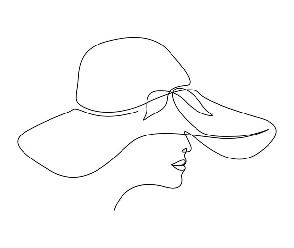 Desenho Contínuo Uma Linha Mulher Bonita Usando Chapéu Sol Simples —  Vetores de Stock