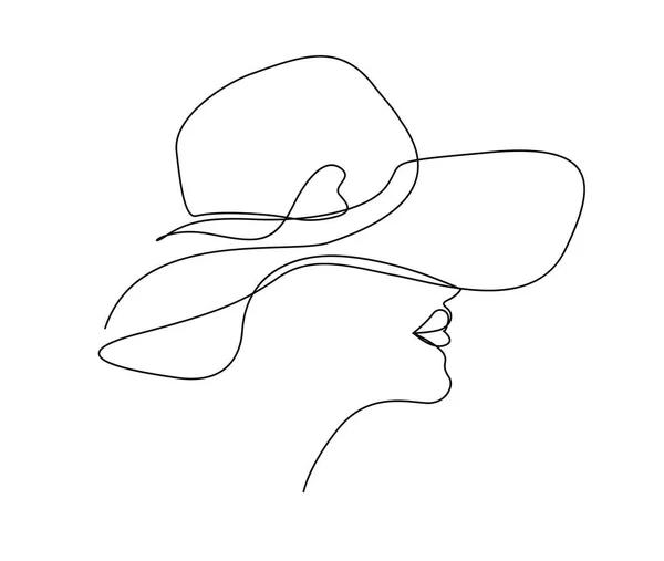 连续一行画的漂亮女人戴着太阳帽 简约的线性美女面容与夏帽线艺术矢量图解 — 图库矢量图片