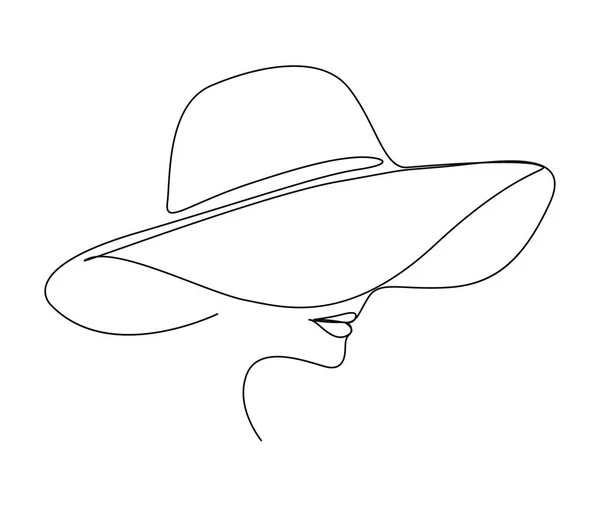 Continuous One Line Drawing Beautiful Woman Wearing Sun Hat Simple — Stock Vector