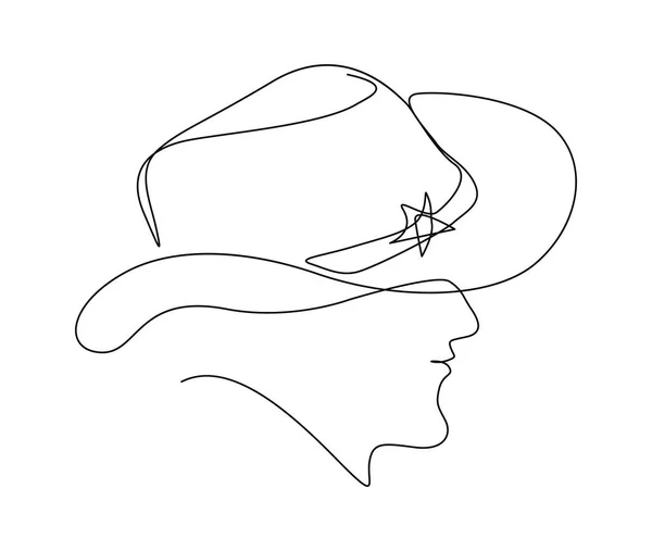 Continuous One Line Drawing Man Wearing Cowboy Hat Simple Cowboy — Stock Vector