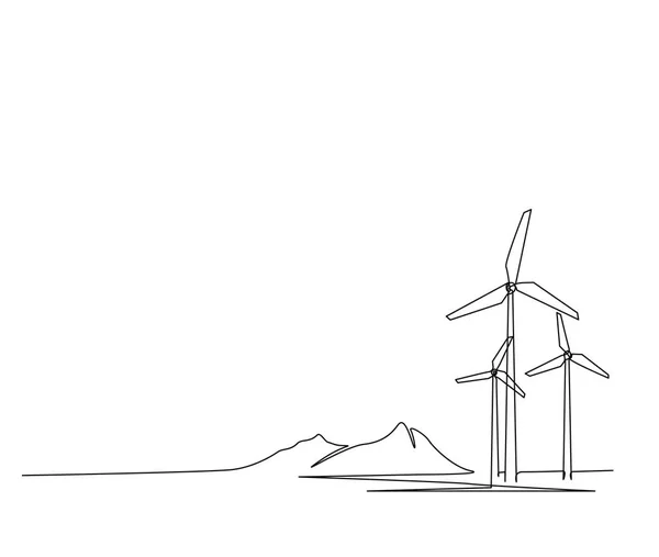 风力涡轮机生态能的连续单线绘图 简单风力涡轮机轮廓矢量图解 — 图库矢量图片