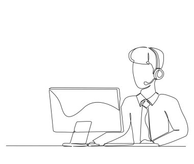Devamlı olarak genç bir adamın kulaklıkla bilgisayarın önünde oturduğu bir çizim. Basit müşteri sunucusu işçi ana hatları vektör çizimi.