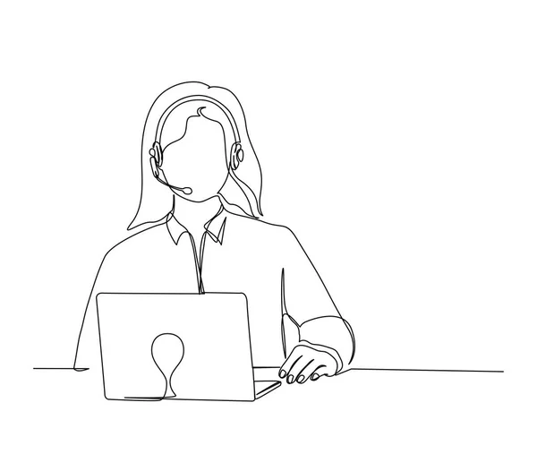 Dibujo Continuo Una Línea Mujer Joven Sentada Frente Una Computadora — Archivo Imágenes Vectoriales