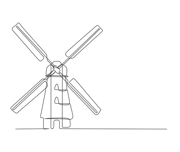 老旧风车的连续单线绘图 简单的旧涡轮机塔轮廓矢量图解 — 图库矢量图片