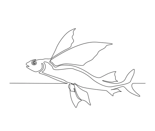 Desenho Contínuo Uma Linha Peixes Voadores Bacalhau Voador Simples Oceano — Vetor de Stock