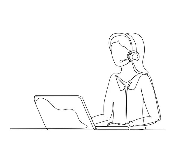 ヘッドセットでコンピュータの前に座っている若い女性の連続した1行の図面 お客様としてのシンプルな女性が ロイヤリティフリーストックベクター
