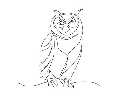 Baykuş kuşunun sürekli bir çizgi çizimi. Basit ahır baykuşu çizgisi çizimi.