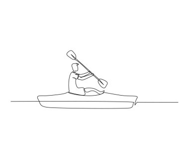 Kano ya da kano üzerinde rafting yapan bir gencin sürekli çizimi. Kano çizgisi sanat vektörü çizimi.