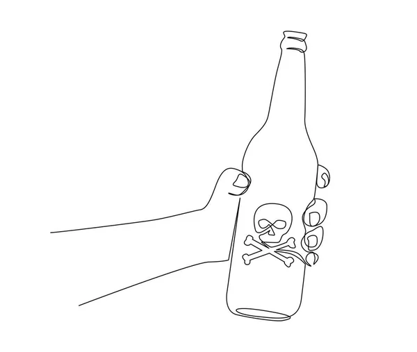 ボトルに毒を保持する手の連続的な1行の図面 手線画に毒のボトルベクトルイラスト — ストックベクタ