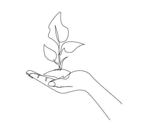 Kontinuerlig Linje Ritning Hand Håller Växande Växt Hand Håller Växt — Stock vektor