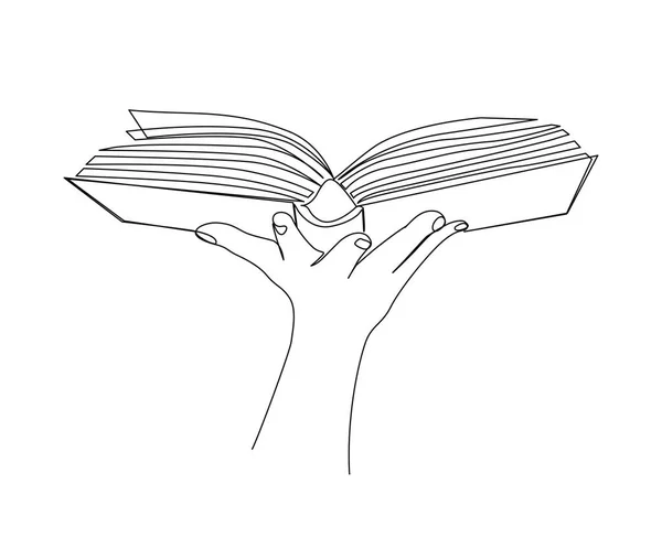 Ununterbrochene Einzeilige Zeichnung Des Handgehaltenen Buches Hand Hält Neuartige Zeilenkunst — Stockvektor