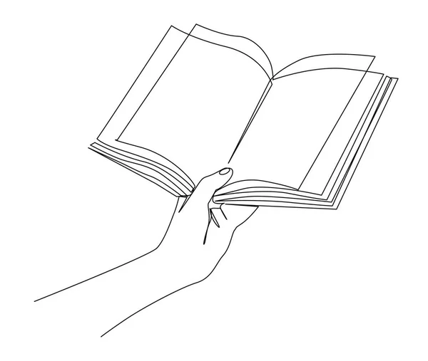 Continu Een Lijntekening Van Het Handboek Hand Houdt Nieuwe Lijn — Stockvector