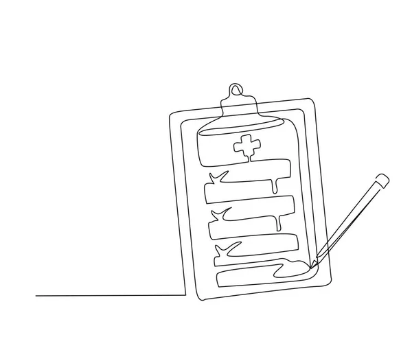 クリップボードとペンの連続1行の図面 簡単な医療検査クリップボードラインアートベクトルイラスト 編集可能なストローク — ストックベクタ