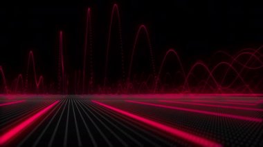 Kırmızı neon parçacığı sinüs dalgaları yüksek frekansta kameraya doğru inip çıkıyor. Bu fizik salınım konsepti hareket arkaplanı 4K ve pürüzsüz bir döngü.