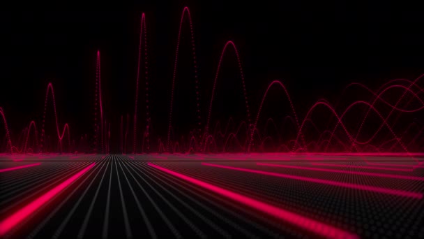 Röda Neonpartikel Sinus Vågor Svänger Upp Och Ner Med Hög — Stockvideo