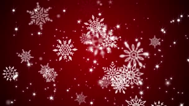 Mooie Winterse Sneeuwvlokken Stralende Sterren Sneeuwdeeltjes Een Feestelijke Donkerrode Achtergrond — Stockvideo