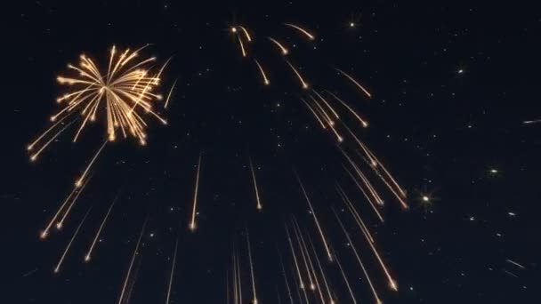 Festa Capodanno Spettacolo Pirotecnico Sfondo Con Esplodono Fuochi Artificio Oro — Video Stock