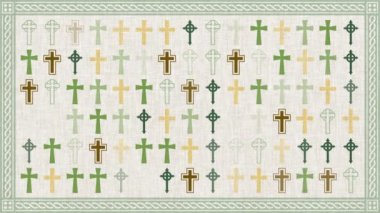 İrlanda keten dokusu arka plan animasyonunda Kelt deseni. Eski Hıristiyan el yazmaları Aziz Patrick Günü için tasarlandı. Bu süslü dini semboller 4K ve kusursuz bir döngü..