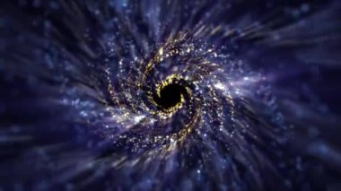 Dış uzay bilim kurgu geçmişi. Altın ve mavi galaksi yıldızları ve parçacıklardan oluşan spiral bir girdap. Kusursuz döngü, HD bilim hareketi arka plan animasyonu.