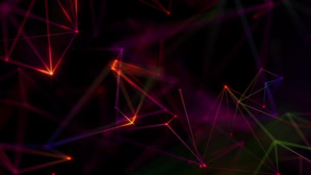 Fond abstrait de plexus tech avec des lignes de connexion multicolores lumineuses et des points ou des nœuds. Concept de connexions réseau de données numériques. Cette vidéo de technologie moderne est Full HD et une boucle transparente.