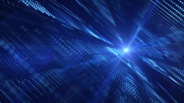 Yanıp sönen dijital veri lambaları, parçacıklar ve mercek fişeklerinden oluşan parlak mavi bir ağ. Bağlantı ve iletişim konsepti teknoloji hareket arkaplanı.