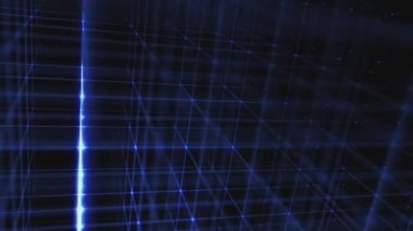 Parlayan mavi kübik dijital veri düğümleri ve yanıp sönen bilgi transferi. Tam HD ve döngü bilgisayar ağı konsepti teknolojisi arkaplanı.