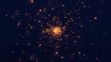 Parlayan altın havai fişeklerle, parlak altın yıldızlarla ve parçacıklarla şenlikli, ışıltılı, ışıl ışıl bir arka plan. Tam HD ve döngülü kutlama arkaplan canlandırması.