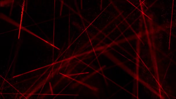 Светящиеся Красные Лазерные Лучи Движутся Заднем Плане Блестящими Взрывающимися Частицами — стоковое видео