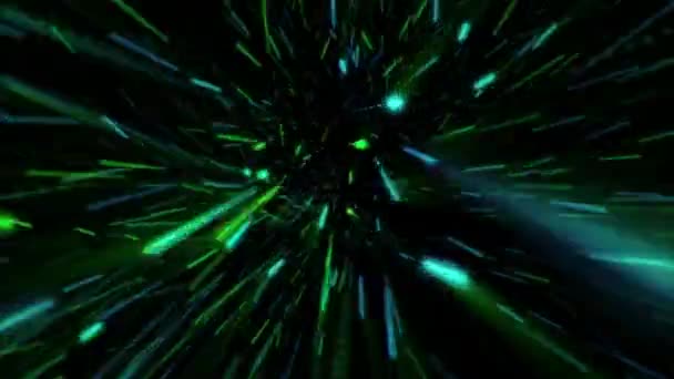 輝くネオン色の緑色と青色のデジタルデータ粒子の爆発が高速で渦巻いている 超高速パーティクルアニメーション この爆発する粒子の動きの背景はHdおよびシームレスなループです — ストック動画