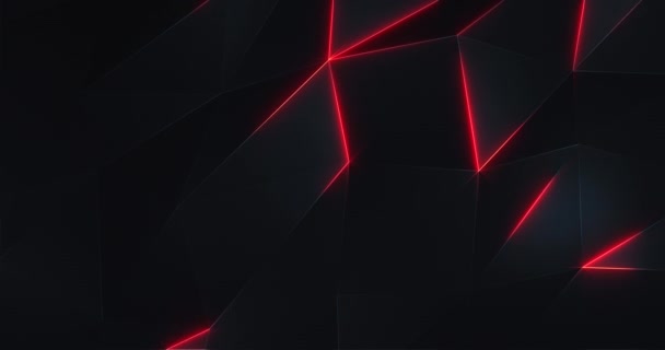 黑暗的 未来派的低多面体背景 具有黑色多边形三角形的柔和运动和发光的红色霓虹灯 4K和循环技术运动背景动画 — 图库视频影像