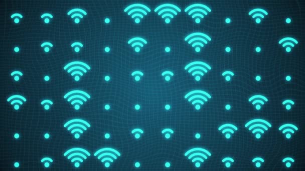 Patrón Símbolos Iconos Wifi Intermitentes Brillantes Cuadrícula Azul Full Tecnología — Vídeo de stock