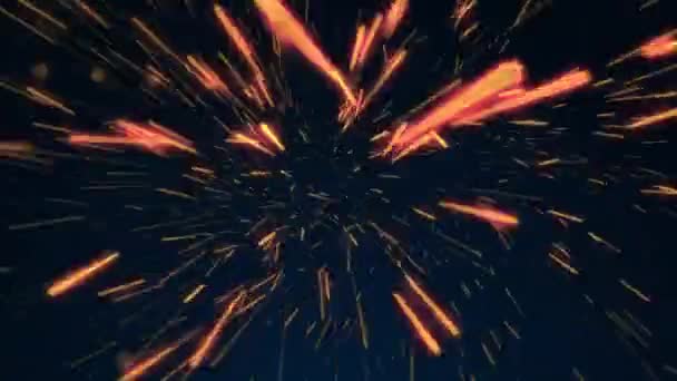 超级快速爆炸的粒子背景表明 红色的热发光弹发射的子弹照亮了夜空 全高清和循环抽象运动背景动画 — 图库视频影像
