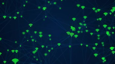 Kablosuz ağ bağlantıları kavramı, dijital pleksus ağıyla bağlanmış mavi kablosuz ağ simgeleriyle donatılmış. Bu internet teknolojisi arka planı tam HD ve kusursuz bir döngü..