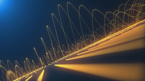 Светящиеся Золотые Неоновые Осциллирующие Синусоидальные Волны Текущие Вверх Вниз Высокой — стоковое видео