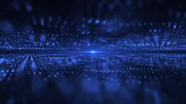 디지털 프랙탈의 물결처럼 흐르는 파란색 입자들 빛줄기로 이루어진 추상적 기술의 — 비디오