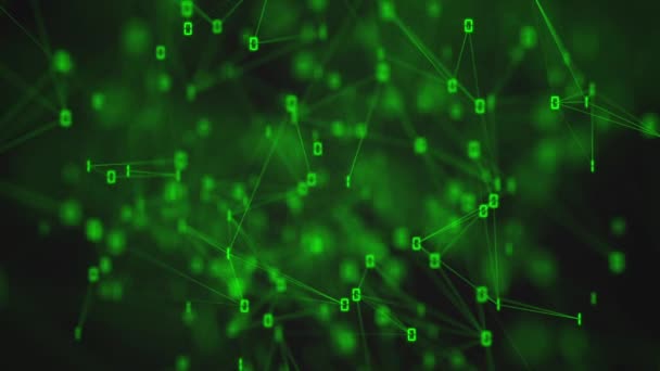 Streszczenie Zielonego Kodu Binarnego Świecącymi Jedynkami Zerami Połączonymi Siecią Splotu — Wideo stockowe