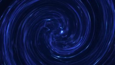 Mavi ışık demetleri ve patlayan parçacıklardan oluşan dönen bir spiral. Gelecekçi enerji portalı efekti arka plan animasyonu.