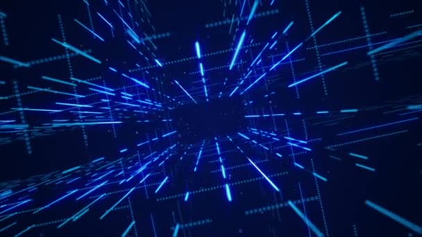 Een Futuristisch Blauw Rasternetwerk Van Knipperende Digitale Datalampen Zwevende Deeltjes — Stockvideo