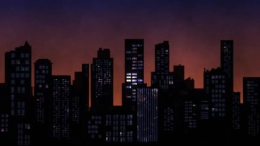 Alacakaranlıkta siluet içinde şehrin ufuk çizgisi. Pencerelerden parlayan ev partisi ışıkları yanıp sönüyor. Tam HD ve döngülü şehir gece hayatı arkaplan animasyonu.