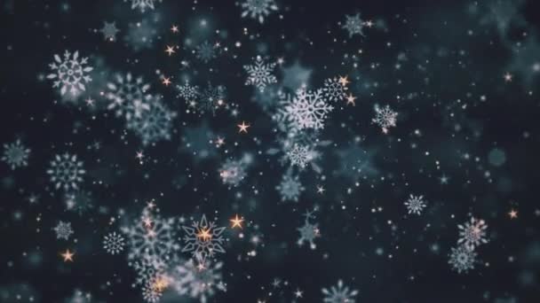 Bellissimi Fiocchi Neve Invernali Stelle Dorate Brillanti Scintillanti Particelle Neve — Video Stock