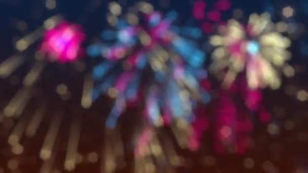 Fiesta Año Nuevo Celebración Fuegos Artificiales Pantalla Fondo Con Desenfocado — Vídeos de Stock