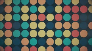 1970 'lerin modası geçmiş, renkli, eski renklerle yanıp sönen daireleri olan, kahverengi, bej ve yeşil renkli geometrik arka plan. Bu tarz hareketli arka plan animasyonu 4K ve pürüzsüz bir döngü.
