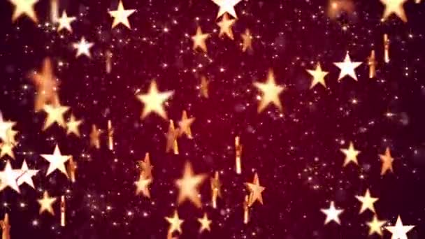 Błyszczące Złote Gwiazdy Błyszczące Złote Cząstki Gwiazdy Eleganckim Ciemnoczerwonym Tle — Wideo stockowe