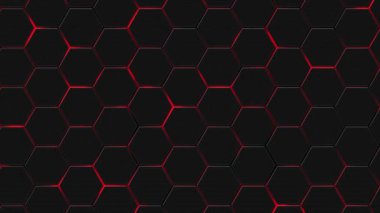 Koyu fütüristik altıgenler, parlak kırmızı neon ışığı olan bal peteği yüzey arka planı. Tam HD ve döngüleme stili soyut teknoloji hareket arkaplan animasyonu.