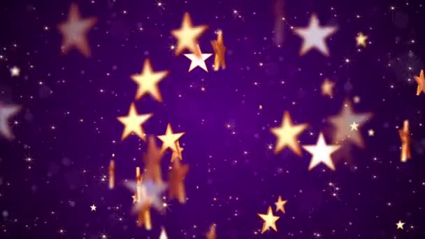 Błyszczące Złote Gwiazdy Błyszczące Złote Cząstki Gwiazdy Eleganckim Ciemnofioletowym Tle — Wideo stockowe