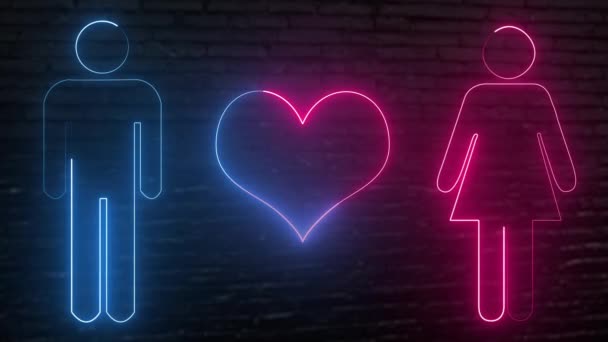 明亮的粉色和蓝色的霓虹灯象征着男人和女人的爱情和一颗浪漫的心 约会和关系的概念 象形文字风格情人节背景动画 全高清及循环 — 图库视频影像