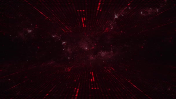 デジタルデータライトと浮遊粒子を点滅させる未来的な輝く赤いグリッドネットワーク サイバー接続と通信コンセプト技術モーションバックグラウンドアニメーション — ストック動画
