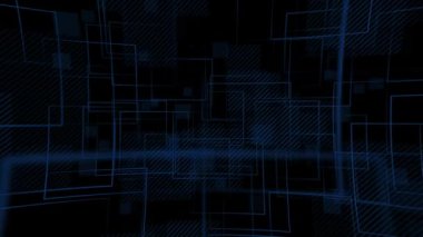 Mavi kare şekilleri ve kesik çizgilerin tekrarladığı minimalist desenli koyu soyut geometrik teknoloji arka planı. Tam HD ve döngü dokulu teknik arkaplan.