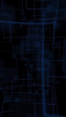 Dikey video - koyu soyut geometrik teknoloji arka planda tekrar eden mavi kare şekiller ve kesik çizgiler var. Tam HD ve döngü dokulu teknik arkaplan.